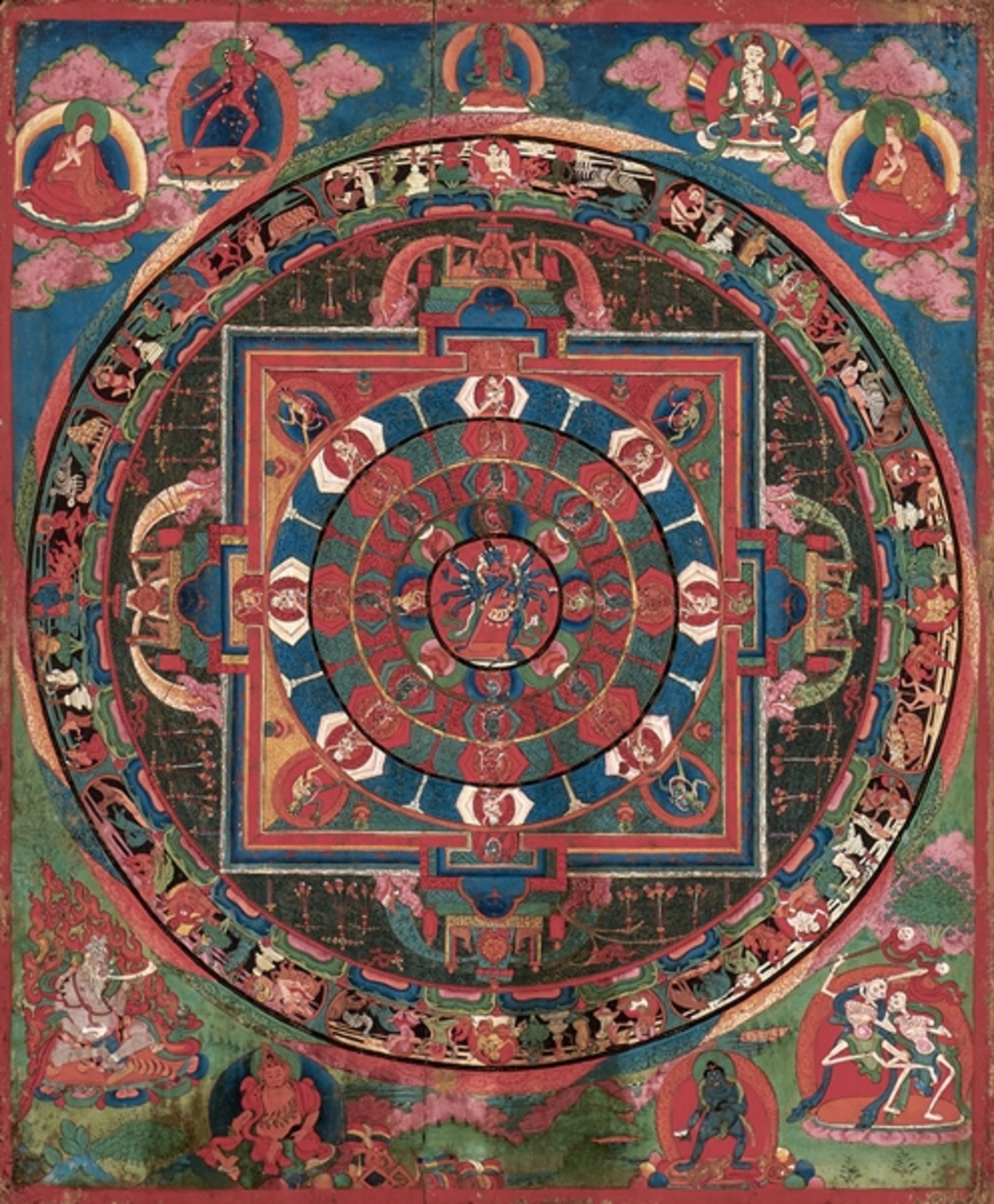 Mandala. Mittig achtarmige Gottheit von Buddha-Aspekten umgeben. Miniaturmalerei auf Holz. Wohl Tib