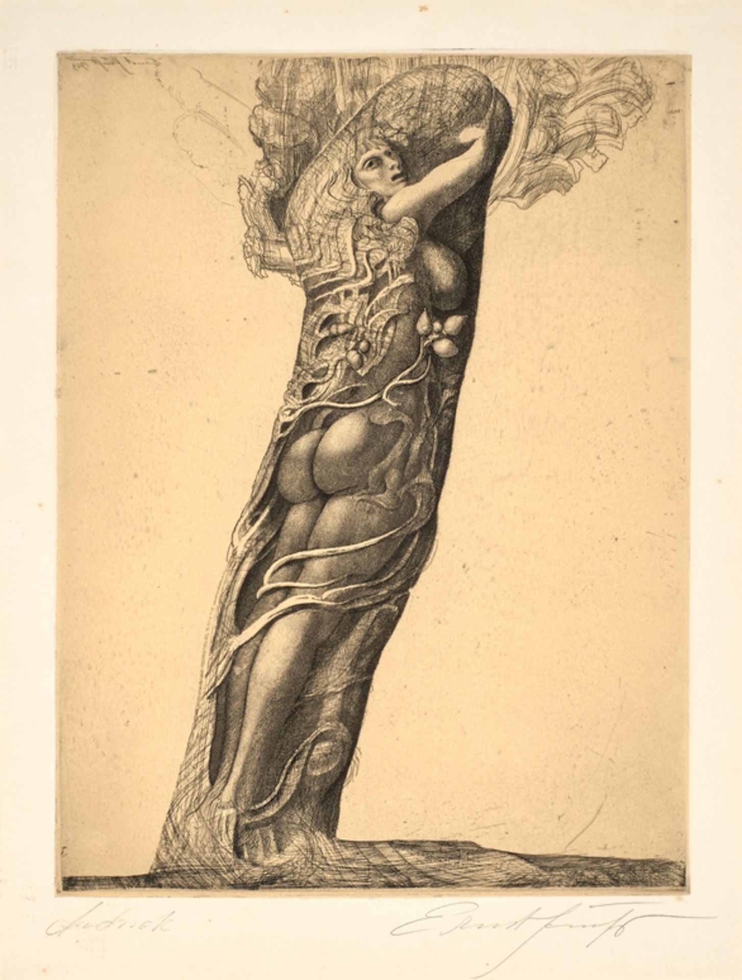 Ernst Fuchs. 1930 - Wien - 2015. Handsign. "Daphne in Mystica". bez. (Spiegelschrift links oben: Er