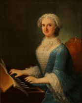 Französischer Maler des 18. Jh. Paar Gemälde: Portrait der Marquise d'Auraison am Cembalo, Portrait