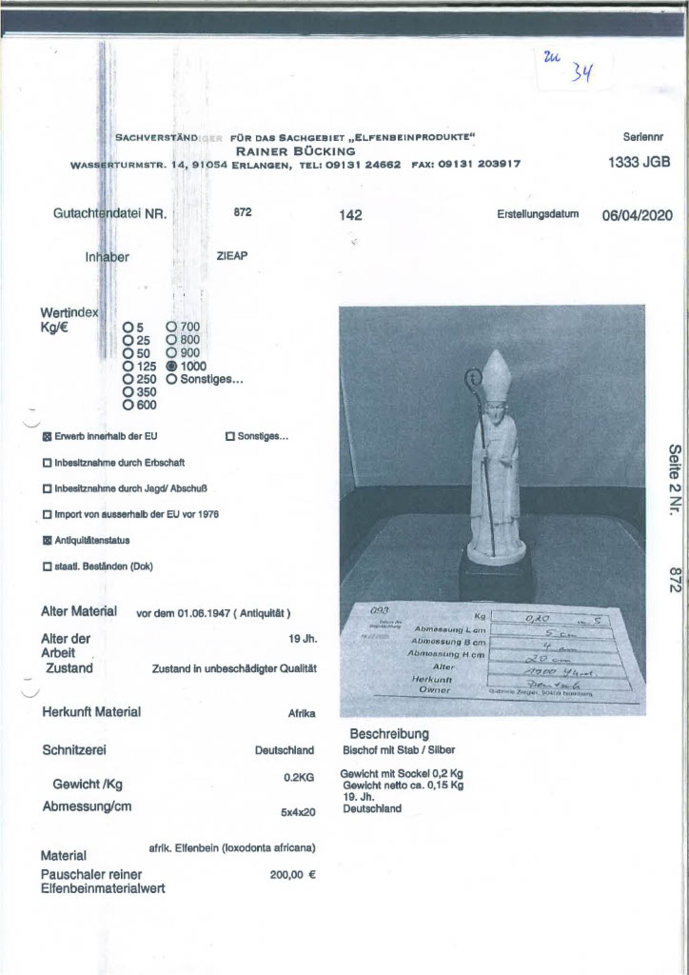 Stehender Bischof im Ornat. Auf Holzsockel montiert. Elfenbein. H 15,5 cm, Gesamthöhe 19 cm, 19. Jh - Image 3 of 3