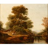 Maler des 18. Jh. Idyllische Flusslandschaft mit Holzsteg und Reiterfigur. Malerische Baumgruppe. Ö