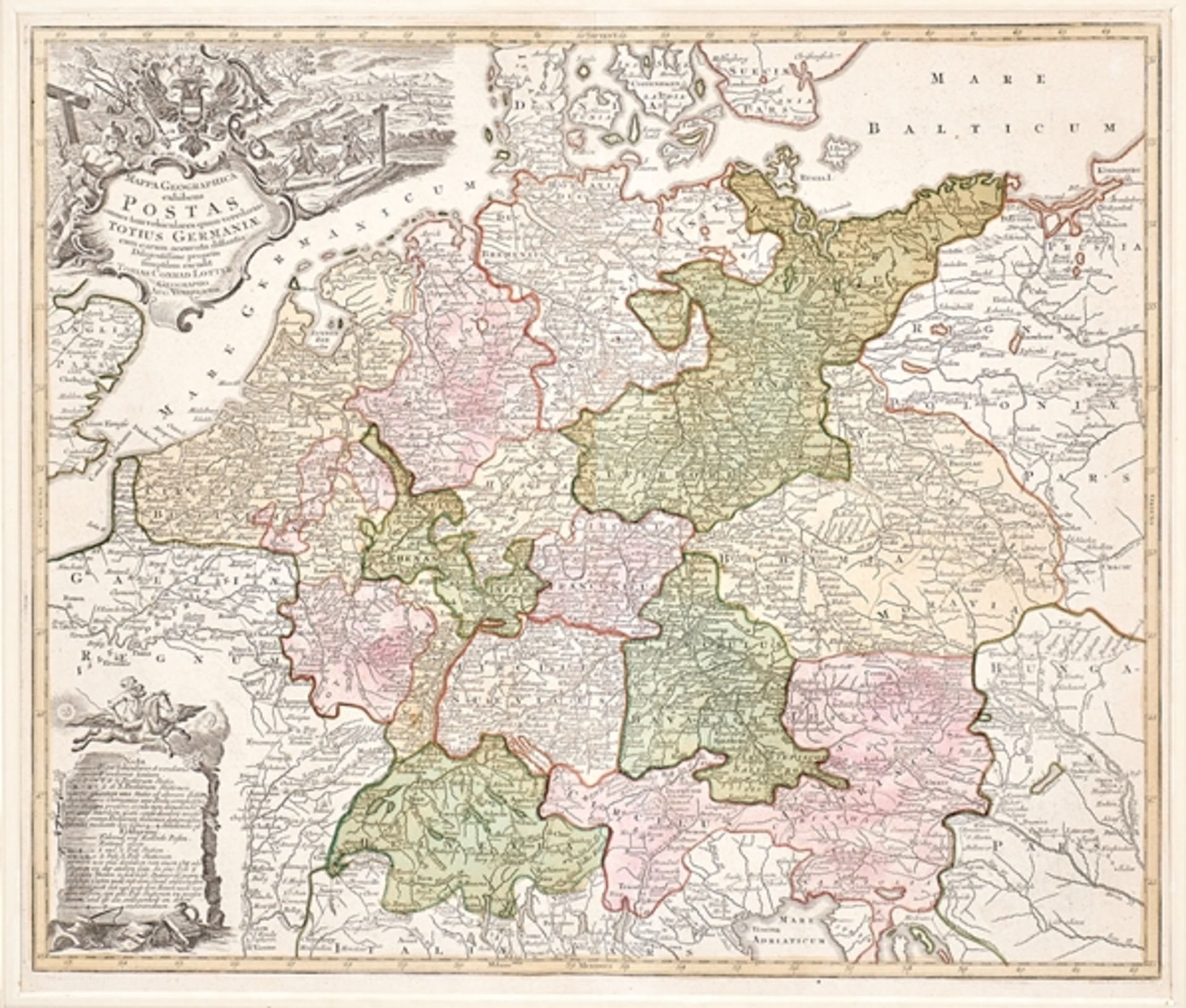 Deutsches Reich. 'Mappa geographica exhibens Postas... Totius Germaniae'. Seltene altkol. Kupfers