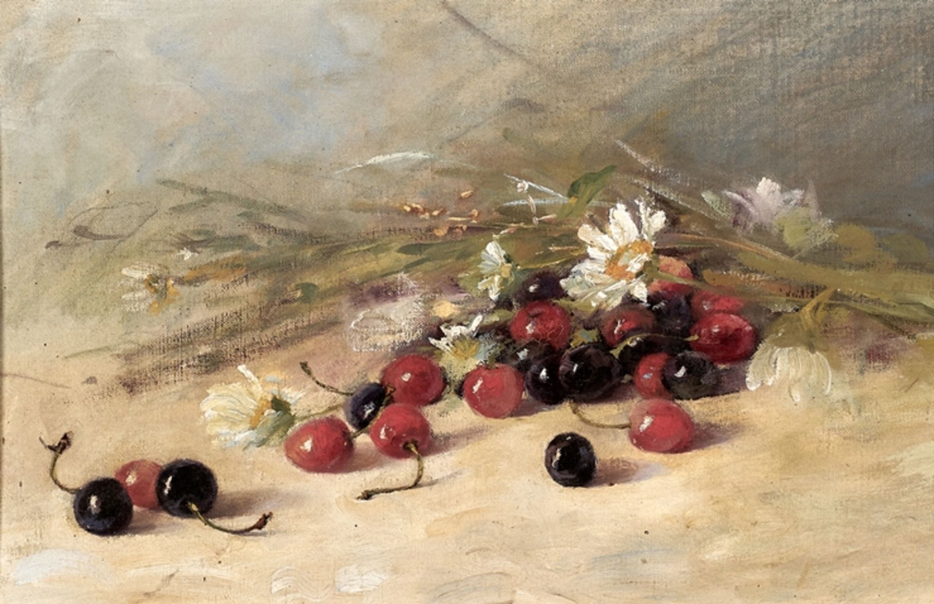 Französischer Maler des 19. Jh.  Stilleben mit Kirschen und Margeriten. Öl/Ktn. 27 x 41 cm. R