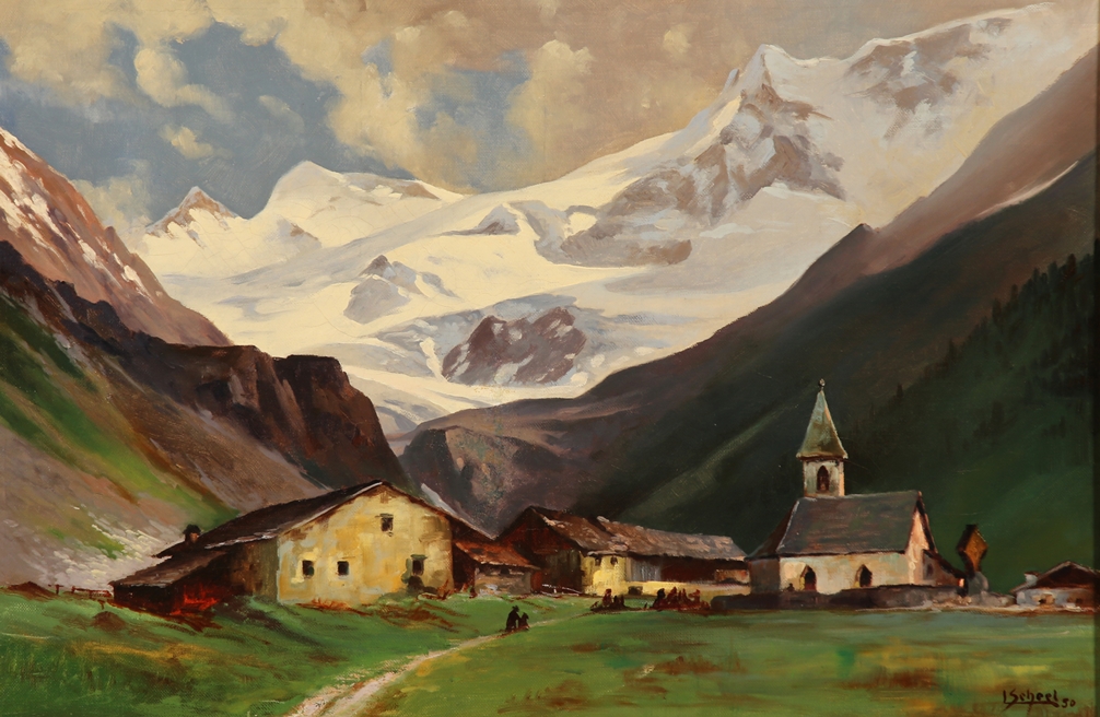 Leopold Scheel. 1888 - 1954. Sign. und (19)50 dat. Bergdorf vor Gletschermassiv. Öl/Lwd. 37 x 55 cm