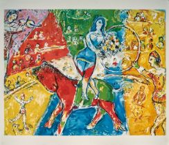 Marc Chagall. 1887 - 1985. Im Druck sign. Zirkuspferd mit Reiterin. Offsetlitho. 62 x 73 cm.