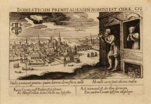Konstanz. Blick auf die Stadt von der Höhe aus mit Haus und Paar. Kupferstich aus 'Thesaurus Philop