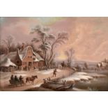 Herrmann Kauffmann. 1808 - Hamburg - 1889. Zugeschr. Winterlandschaft mit altem Gehöft, Schlitten