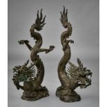 Paar große Drachen. Wolkensockel. Bronze. China, 19. Jh. H 94 cm