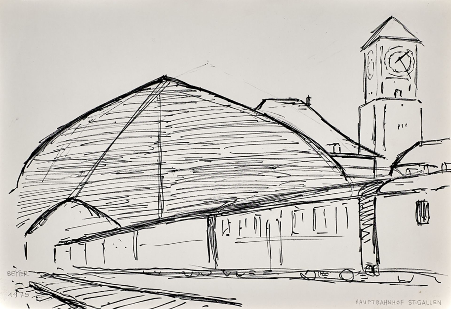 Arthur Beyer. 1904 - St. Gallen - 1982. Sign. Drei Ansichten von Bahnhöfen, zwei Landschaften. Ble - Image 5 of 5