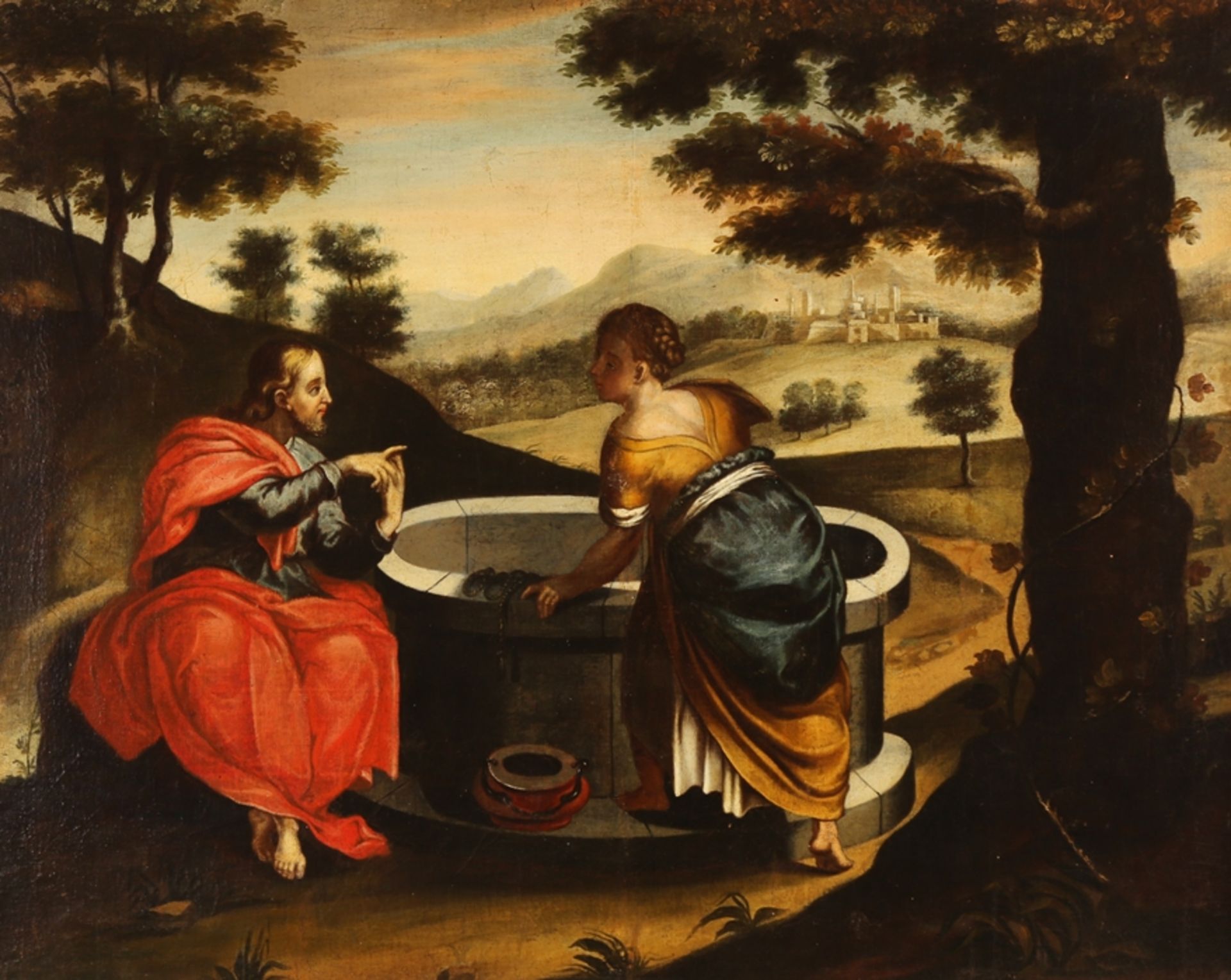 Deutscher Maler frühes 18. Jh. Christus und die Samariterin am Brunnen. Weiter Blick in das Land mi