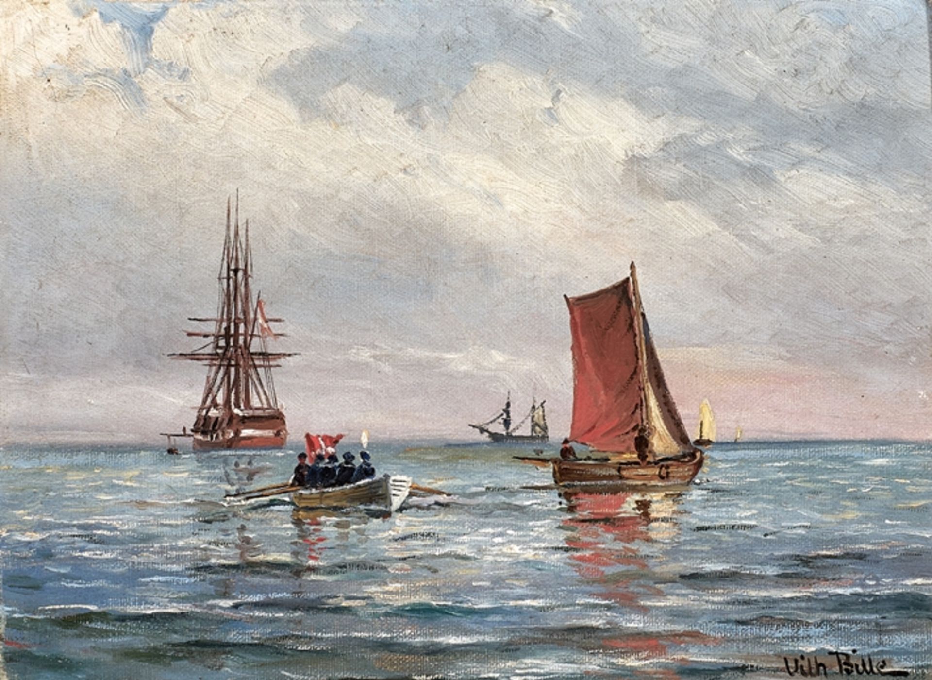 Vilhelm Victor Bille. 1864 - Kopenhagen - 1908. Sign. Marine mit Großsegler und Matrosen im Ruderb