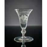 Brautglas.  Kelch mit Balusterschaft. Schnäbelnde Vögel, Herz und Ranken. Ende 18. Jh. H 14 cm