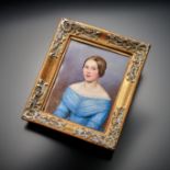 Miniaturist Mitte 19. Jh. Sign. Speller 1845 dat. Junge Dame in blauem Kleid. Porzellan. 12 x 9,5