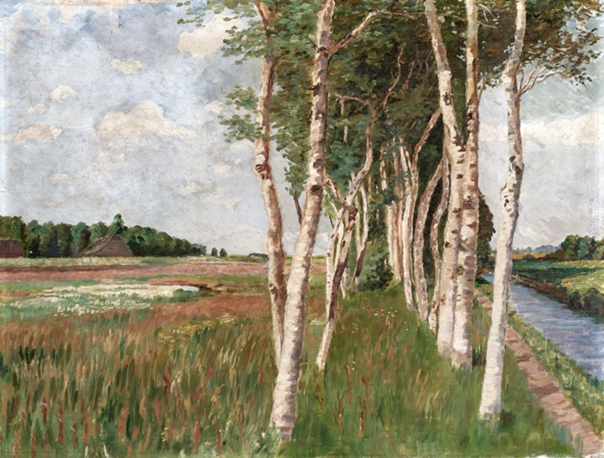 Russischer ? Realist. Anf. 20. Jh. Landschaft mit Bachlauf und Birken am Ufer. Öl/Lwd. 60 x 79 cm