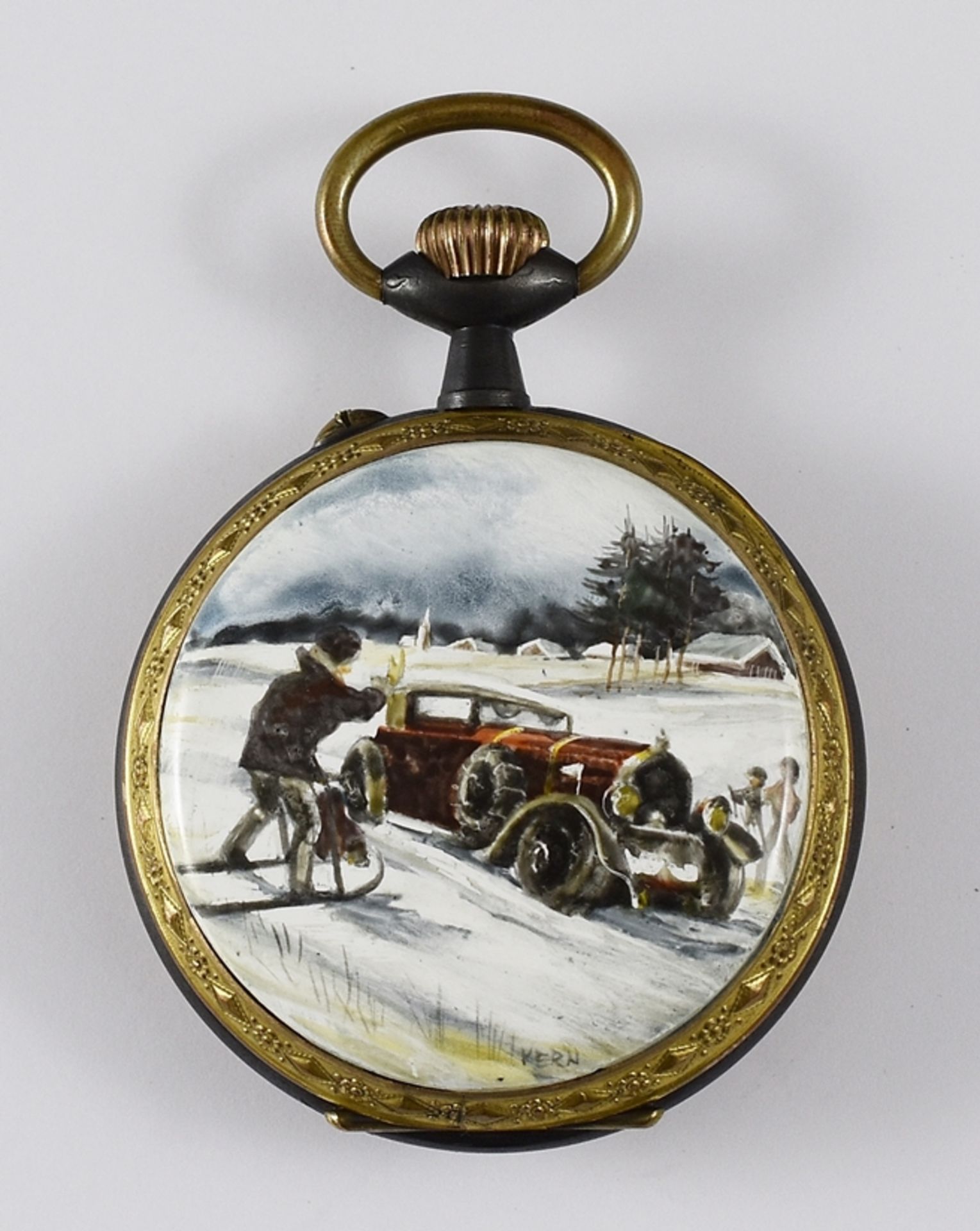 Seltene große Taschenuhr Mit Vollkalender und Emaillebild-Rückdeckel. Brüniertes Stahlgehäuse, skul - Image 2 of 3