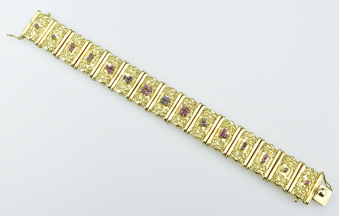 Goldenes Gliederarmband mit Rubinen und Saphiren. Zierbelötung. 18 ct. GG. L 19 cm. 53,5 g - Image 2 of 2