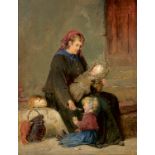 Adolf Humberg. 1847 Oraviczabánya - 1921 München. Sign. Mutter mit zwei kleinen Kindern bei der Ras