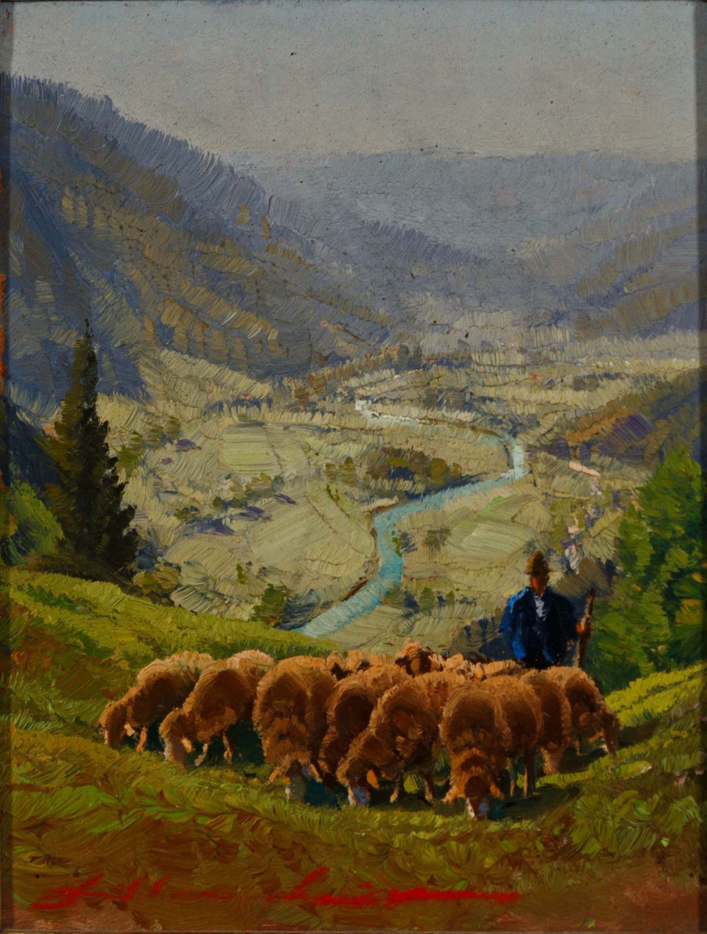 Maler des 20. Jh. Undeutlich sign. Hirte mit Schafherde in hügeliger Landschaft. Blick von der Höhe