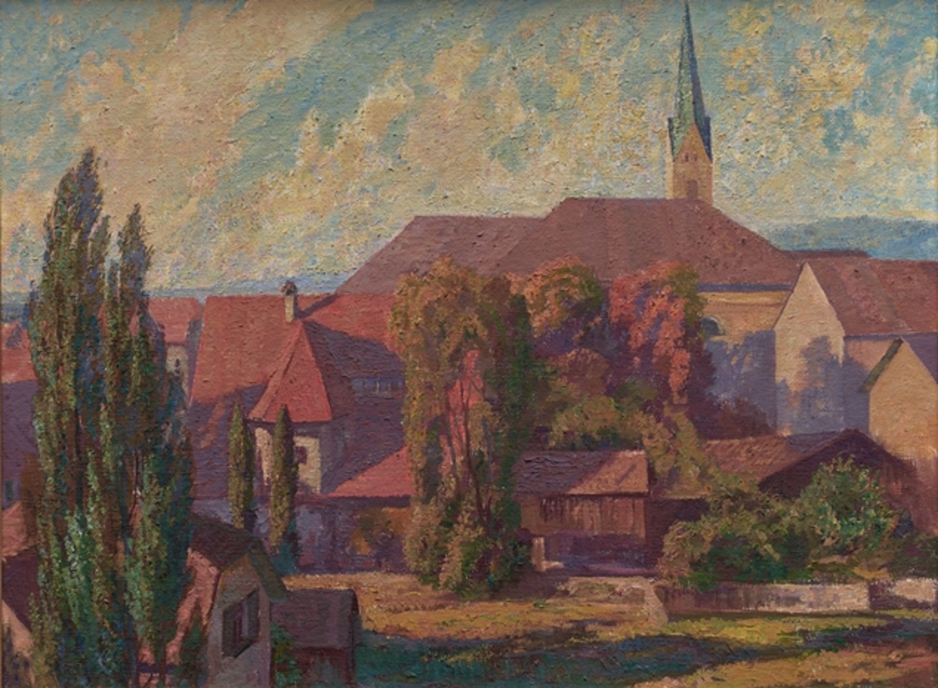 Alfons Kräutler. 1907 - Dornbirn - 1993. Sign. Blick auf Dornbirn mit der Pfarrkirche St. Martin. Ö