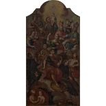 Süddeutscher Maler des 18. Jh. Christopherus mit Jesuskind und den 14 Nothelfern. Fehlstellen. Öl/L