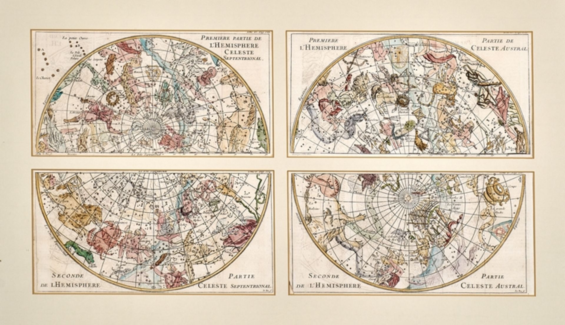 Astronomie. 'Première partie de L'hemisphere celeste... deuxième partie...'. Vier kol. Kupferstiche