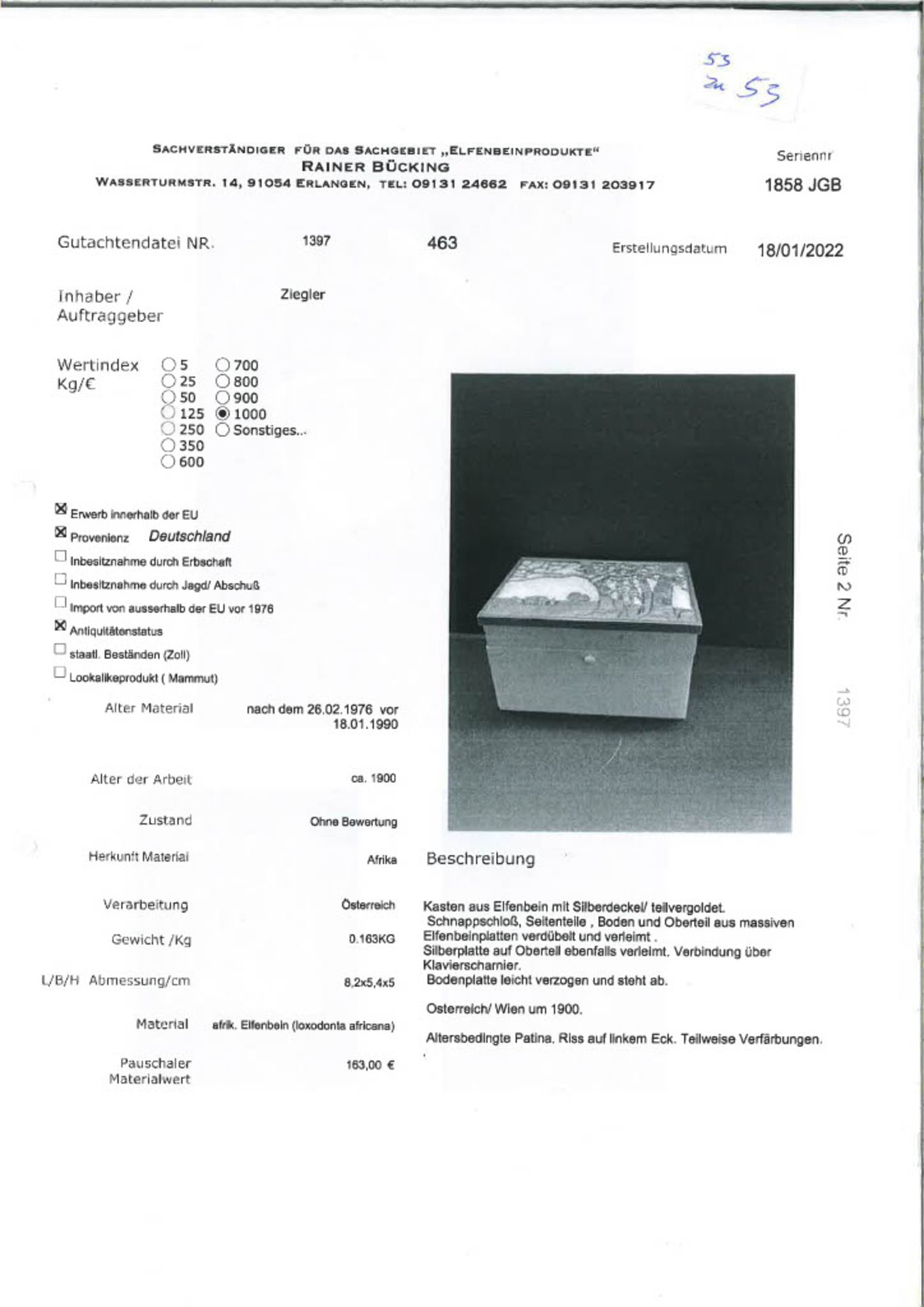 Quadratische Elfenbeindose mit aufgesetzter Silberplatte. Landschaftsdarstellung mit zweispännigem - Bild 3 aus 3