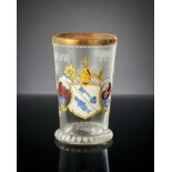Abtbecher. Farbloses Glas mit bunter Emaille-Bemalung. 'Abt zu Petershausen' Wappen und Datierung 1