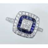 Brillant-Saphirring im Art Déco-Stil. Eingeschliffene blaue Saphire von 0,58 ct. Princess-Diamante
