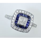 Brillant-Saphirring im Art Déco-Stil.  Eingeschliffene blaue Saphire von 0,58 ct. Princess-Diamante