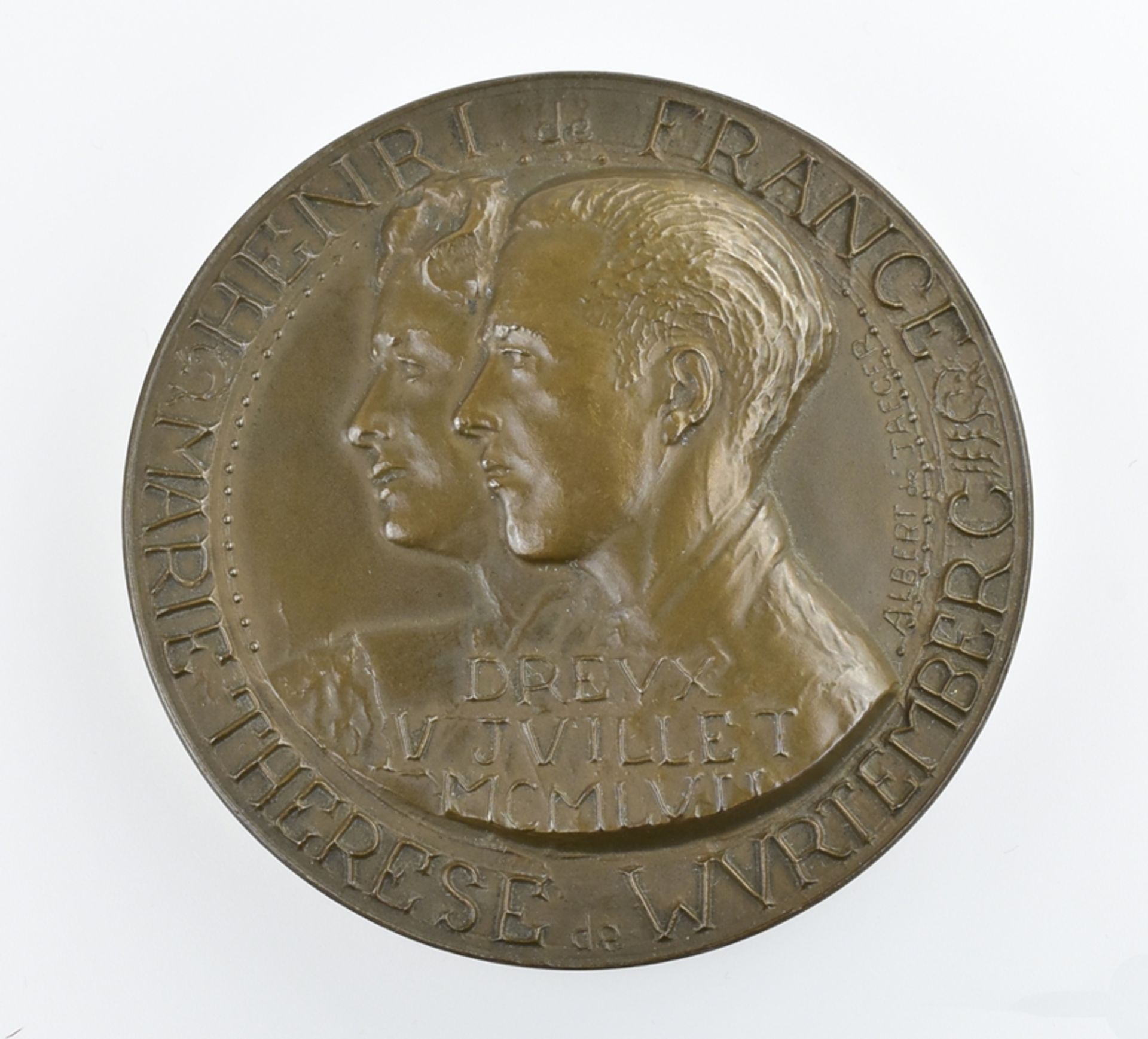 Bronzemedaille.  Zur Vermählung von Henri de France mit Marie Therese von Württemberg. Ø 6,7 cm