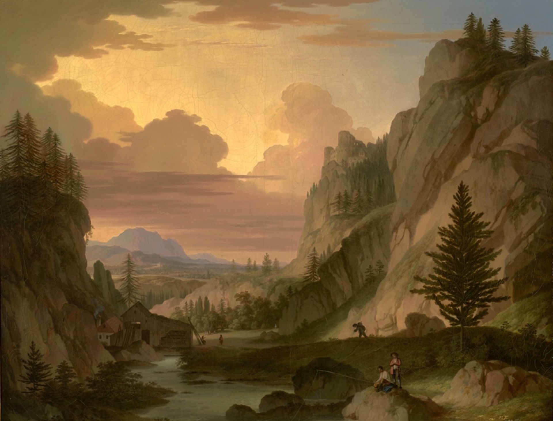 Johann Nepomul Schödlberger. 1779 - Wien - 1853. Landschaft mit Flusslauf, Felsenburg und weiter Bl