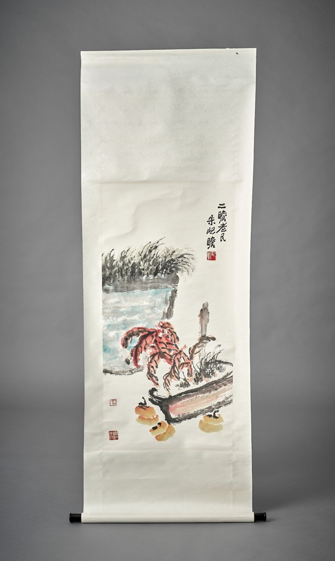 Zhu Ji Zhan. Sign. Rollbild mit Cachepot und Blüten. China. 20. Jh. 97 x 48 cm.