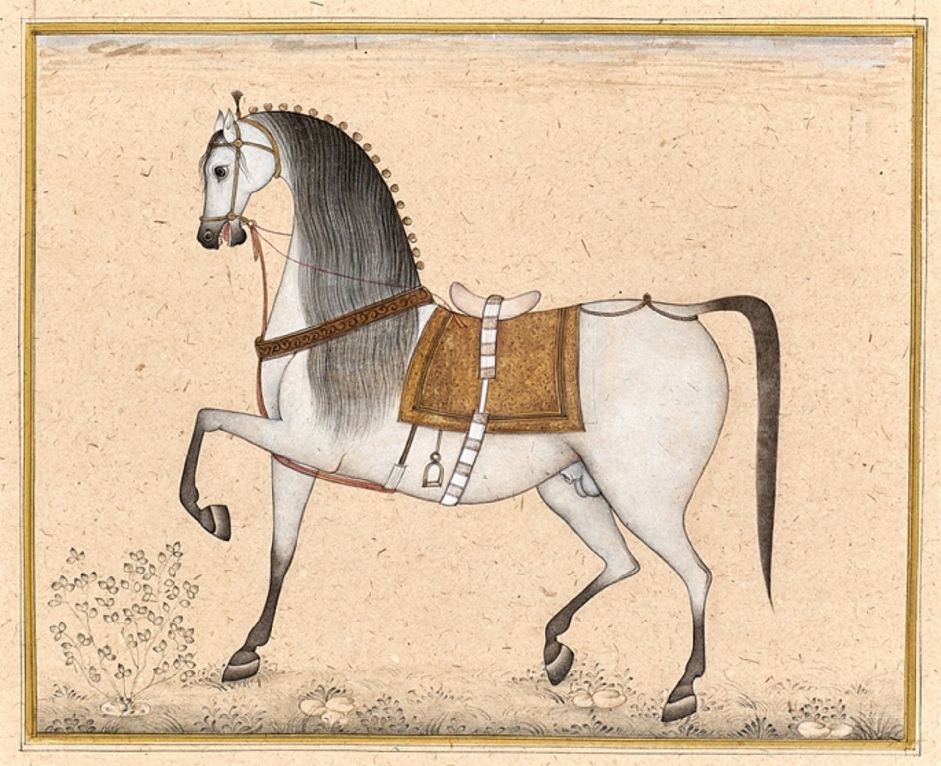 Portrait eines gesattelten Pferdes. Indo-persische Buchillustration. Aquarell. 18 x 23 cm. Gl.u.R