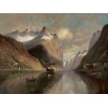 Charles Leroux. 1814 - Nantes - 1895. Sign. Rs. bet. "Gognerfjord". Fjordlandschaft mit Schiffen an