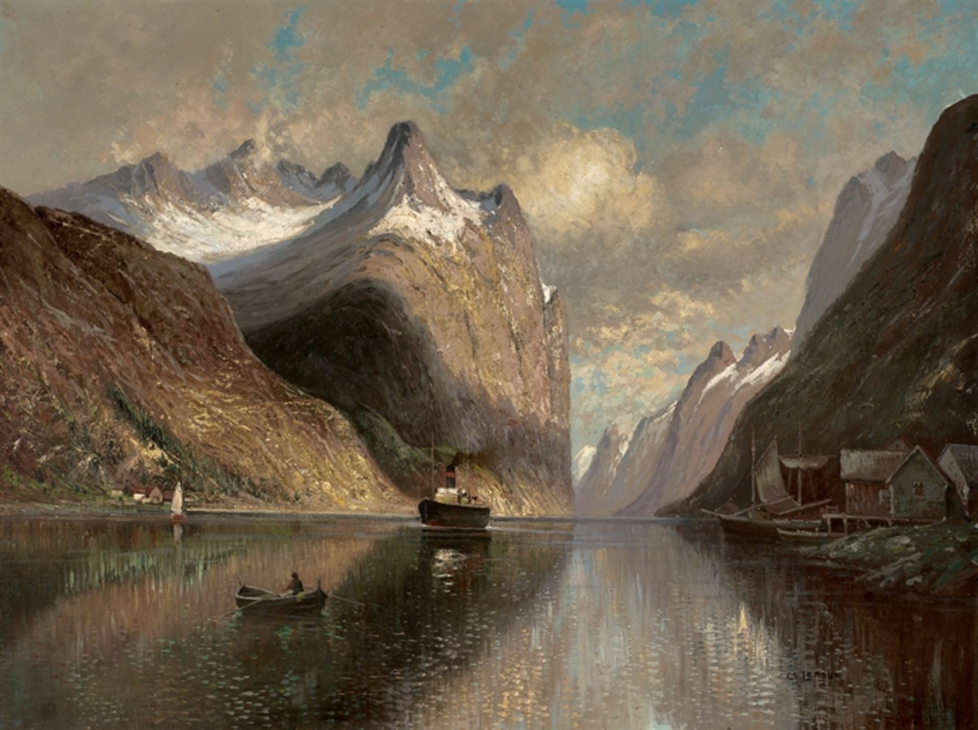 Charles Leroux. 1814 - Nantes - 1895. Sign. Rs. bet. "Gognerfjord". Fjordlandschaft mit Schiffen an