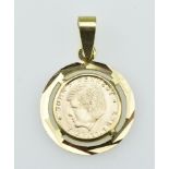 Kennedy-Anhänger. Portraitmedaille des 35. Präsidenten der USA. GG-Fassung 14 ct. H 2,8 cm. 2,8 g