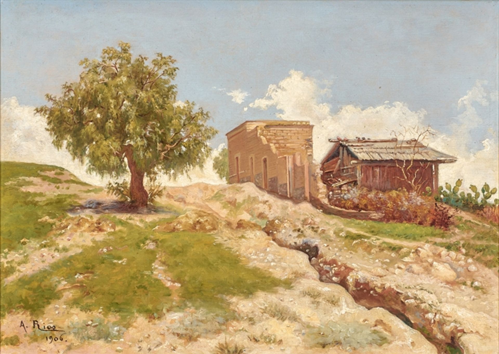 A. Rios. Sign. 1906 dat. Verfallenes Gehöft mit Kakteengarten und Baum. Öl/Lwd. 37 x 51 cm. R