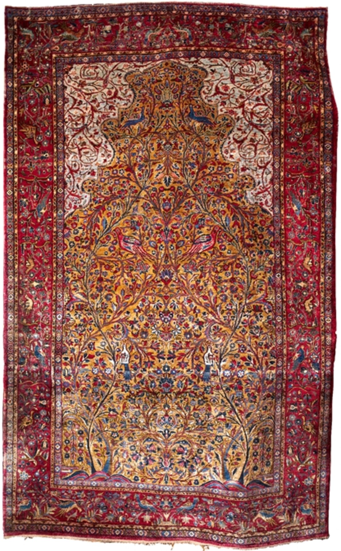 Prachtvoller Kashan. Lebensbaummotiv (Barke bidi). Vollseide. Um 1880. 208 x 125 cm.