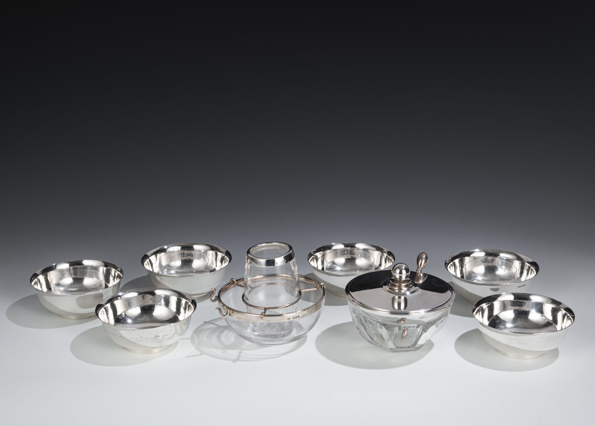 GEORG JENSEN - Six small bowls and honey bowl with lid
