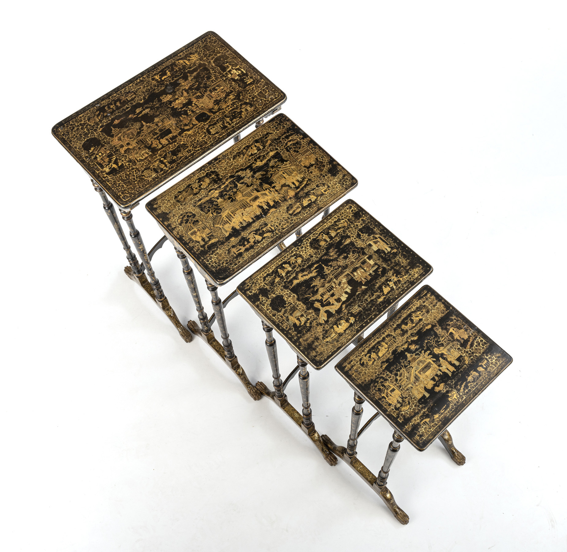 Set of four side tables with black lacquer decoration and gold painting - Image 3 of 5