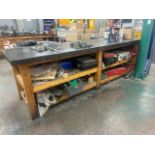 Wooden Work Bench Area Metal Top Built In Shelves