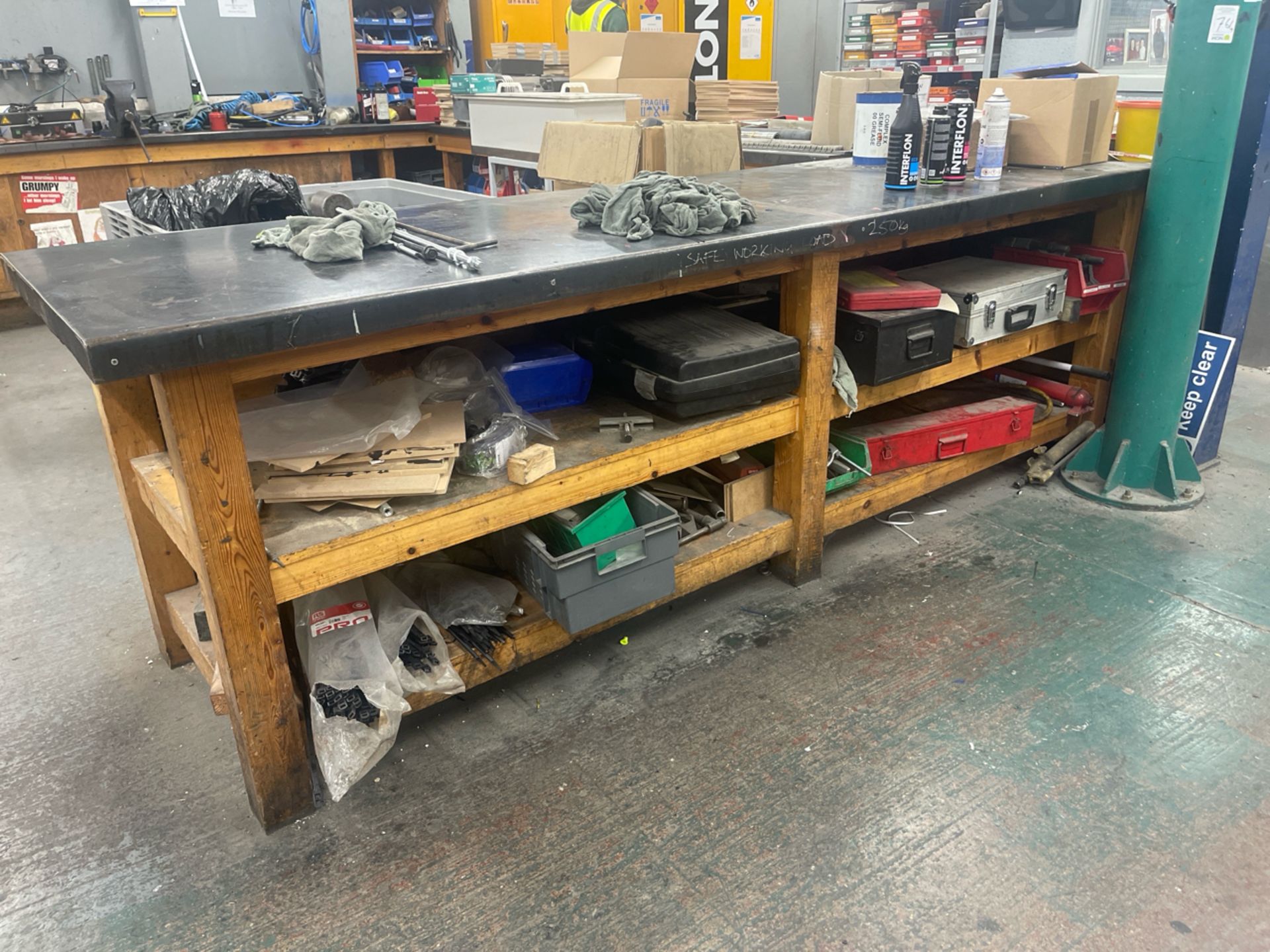 Wooden Work Bench Area Metal Top Built In Shelves