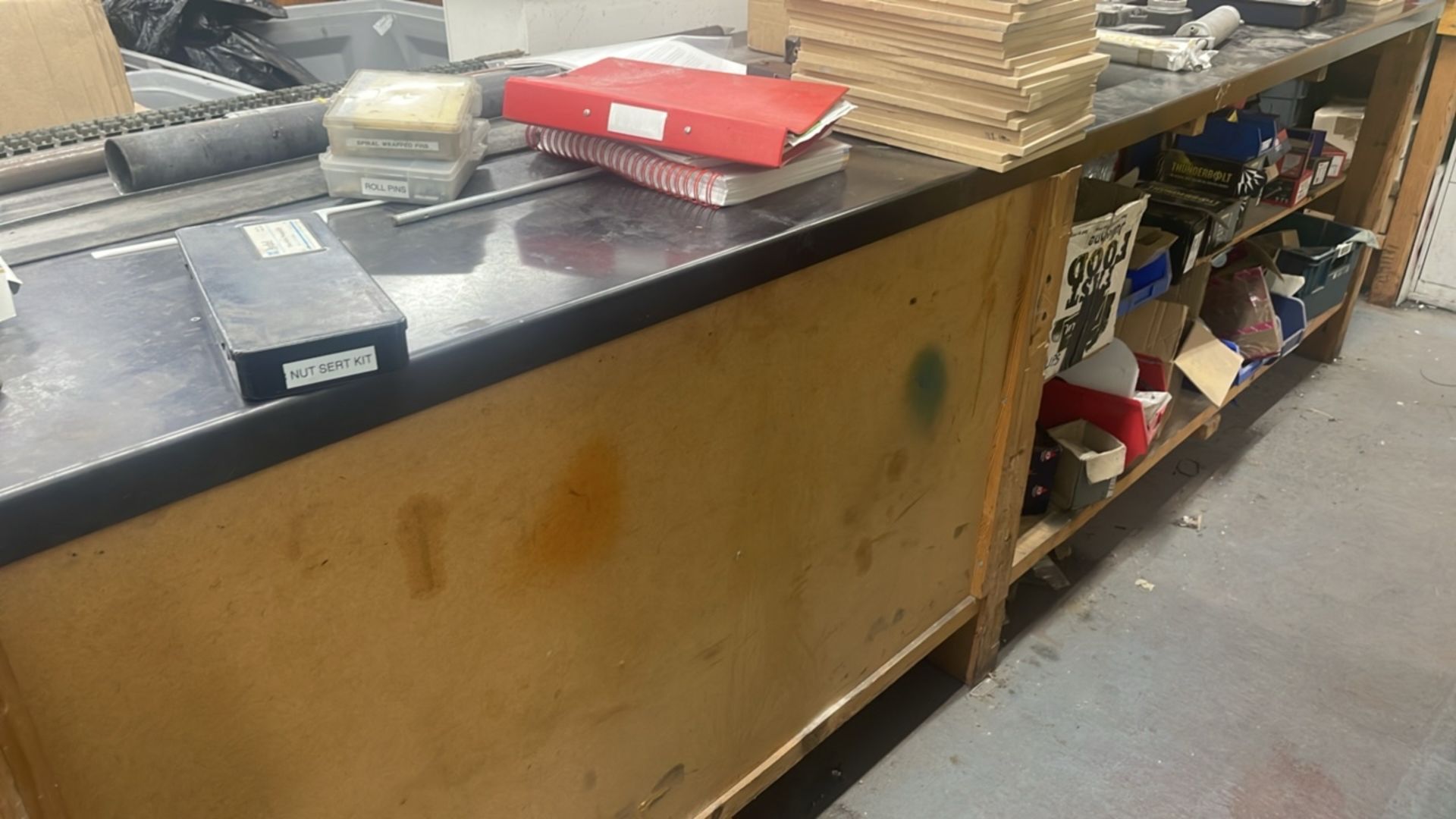 Wooden Work Bench Area Metal Top Built In Shelves - Image 2 of 5