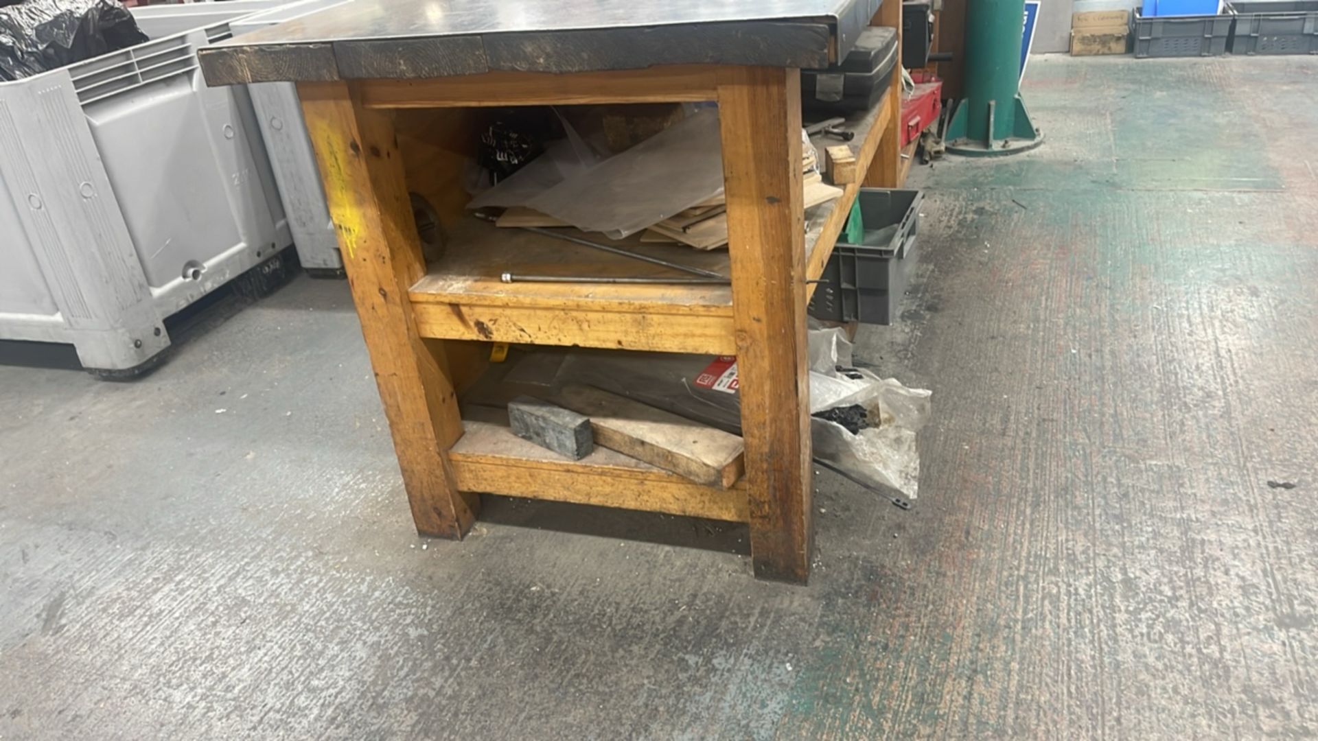 Wooden Work Bench Area Metal Top Built In Shelves - Image 4 of 5