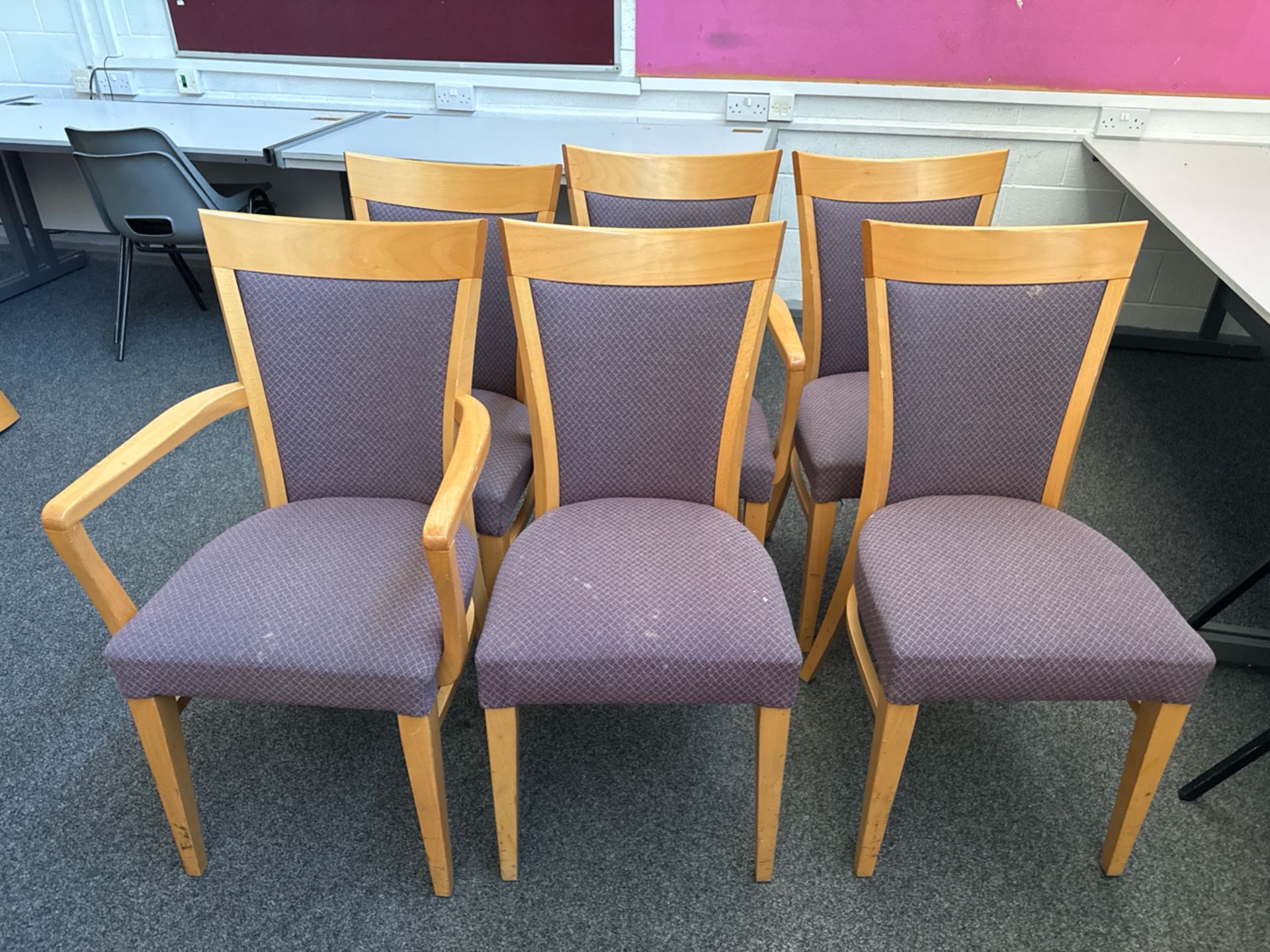 Wooden & Purple Patterned Chairs x6