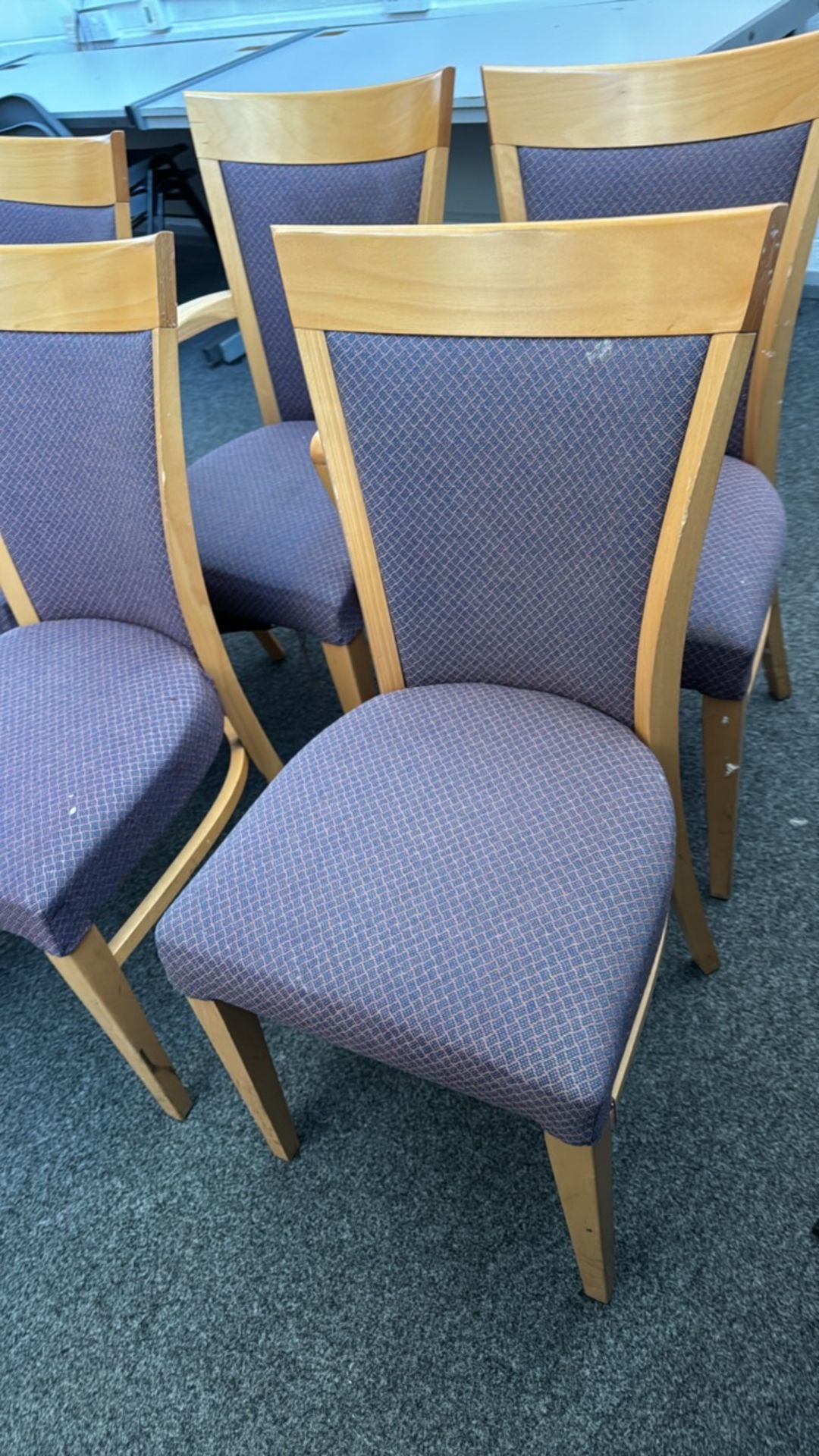 Wooden & Purple Patterned Chairs x6 - Image 3 of 5