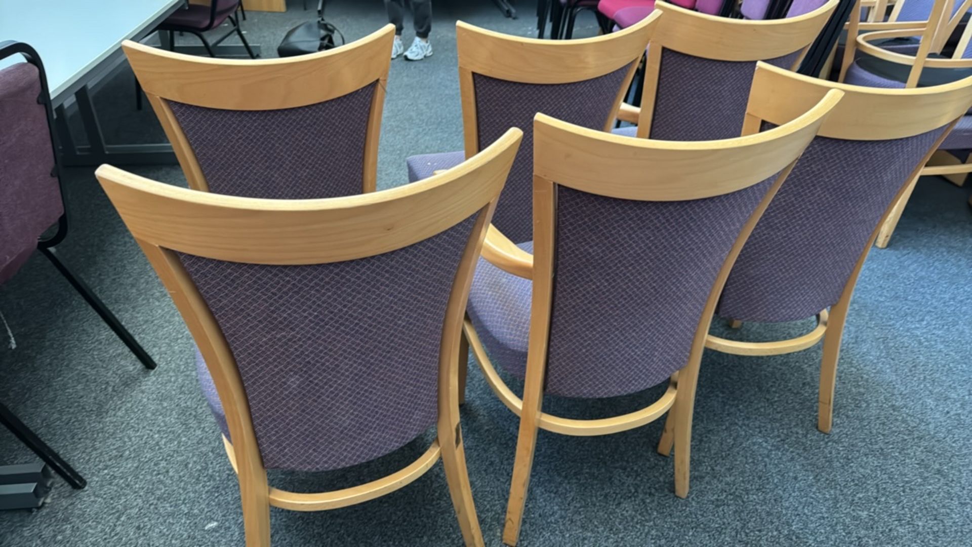 Wooden & Purple Patterned Chairs x6 - Image 5 of 5