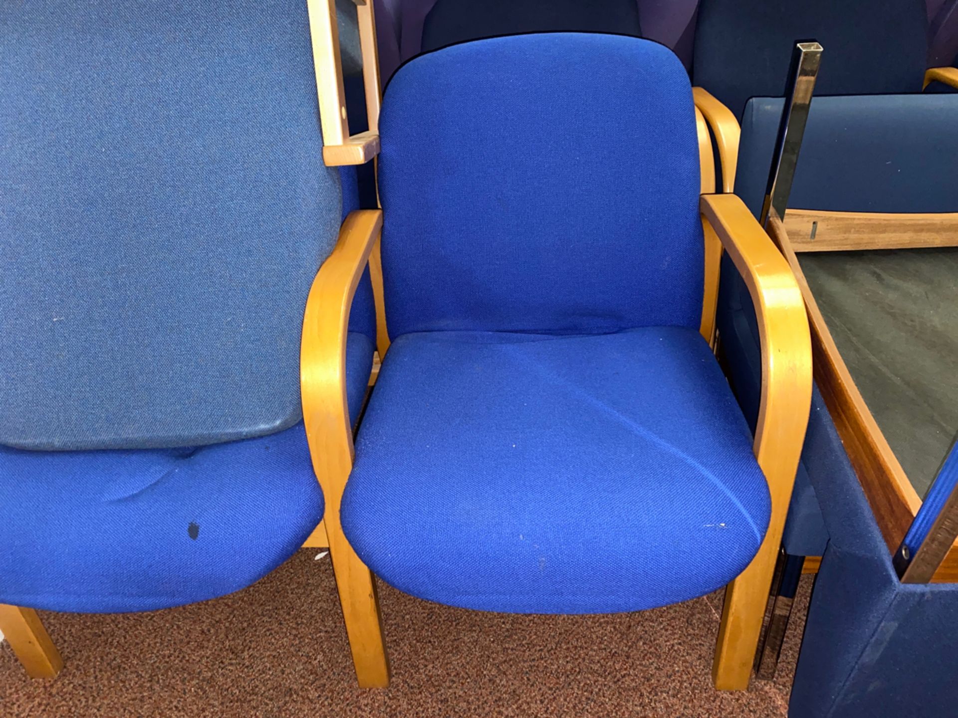 Mix Of Blue Lounge Chairs With Wooden Arms x12