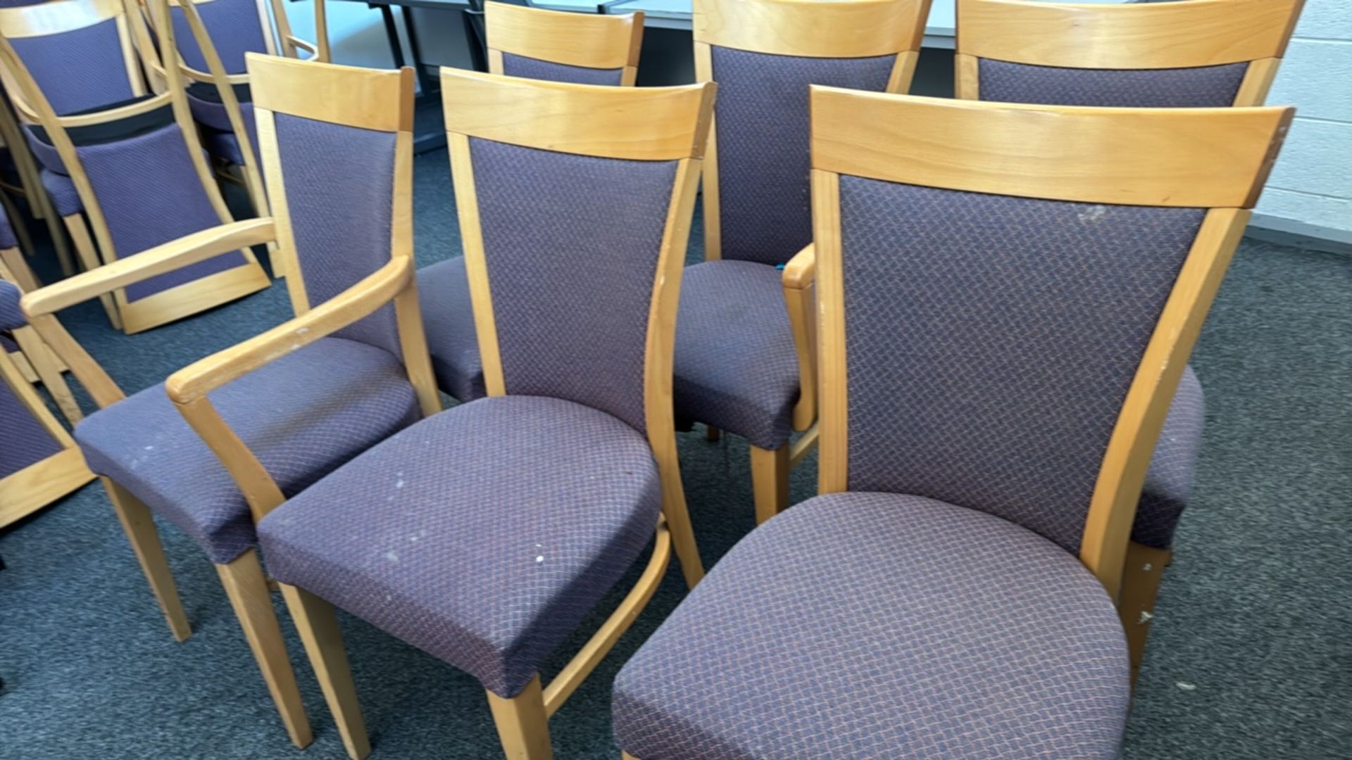 Wooden & Purple Patterned Chairs x6 - Image 4 of 5