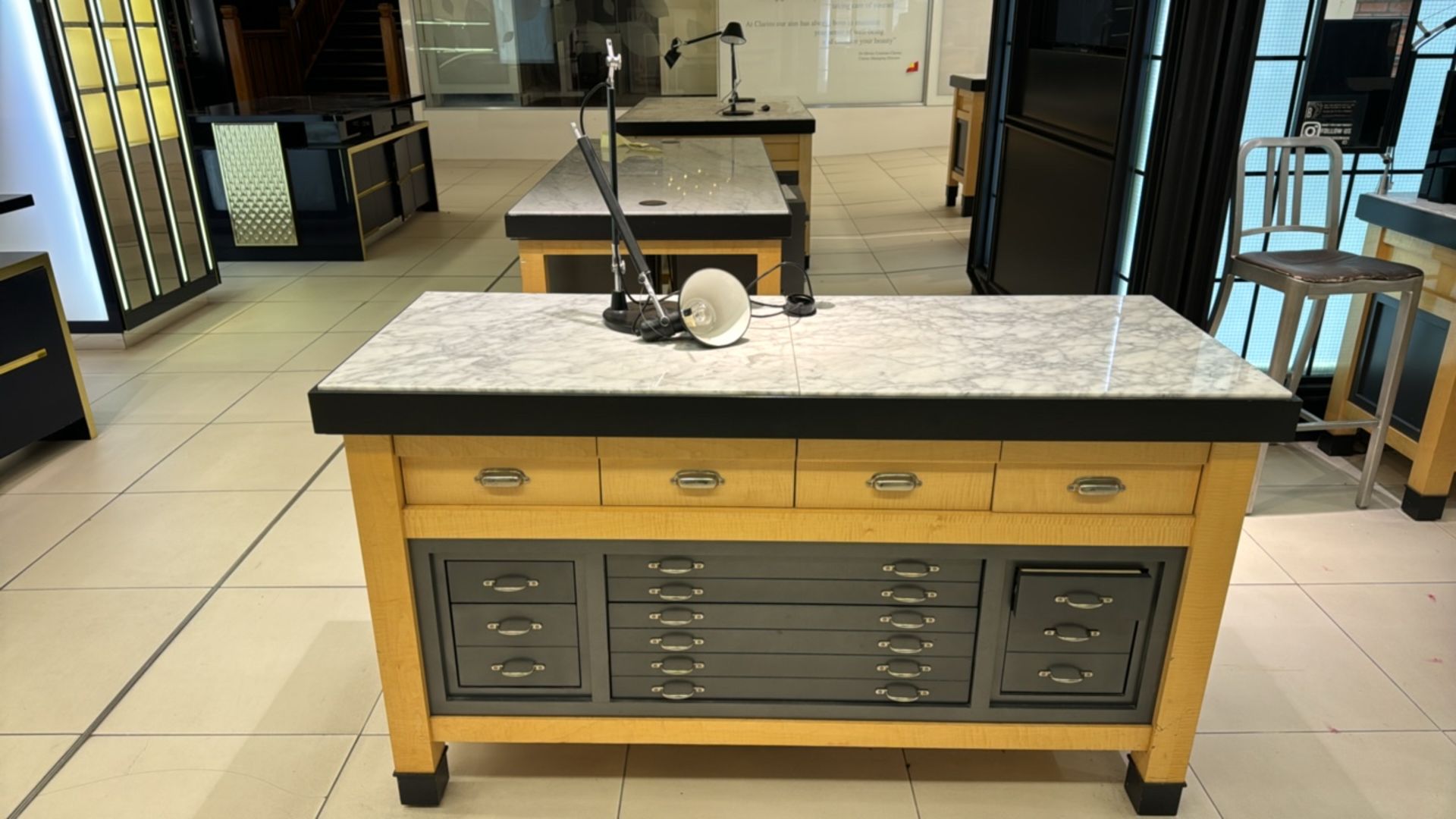 Wooden Table Display with Marble Effect Top & Storage Drawers